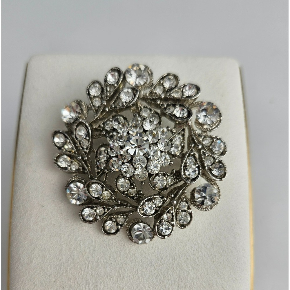 Vintage Clear‎ Rhinestone Brooch Pendant Silver Tone Floral